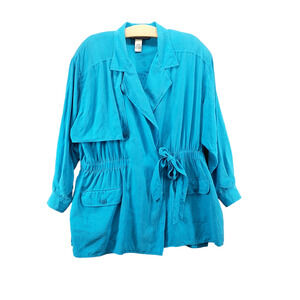Maggie McNaughton Women's Tie Waist Utility Jacket Blue Plus 16W Silk